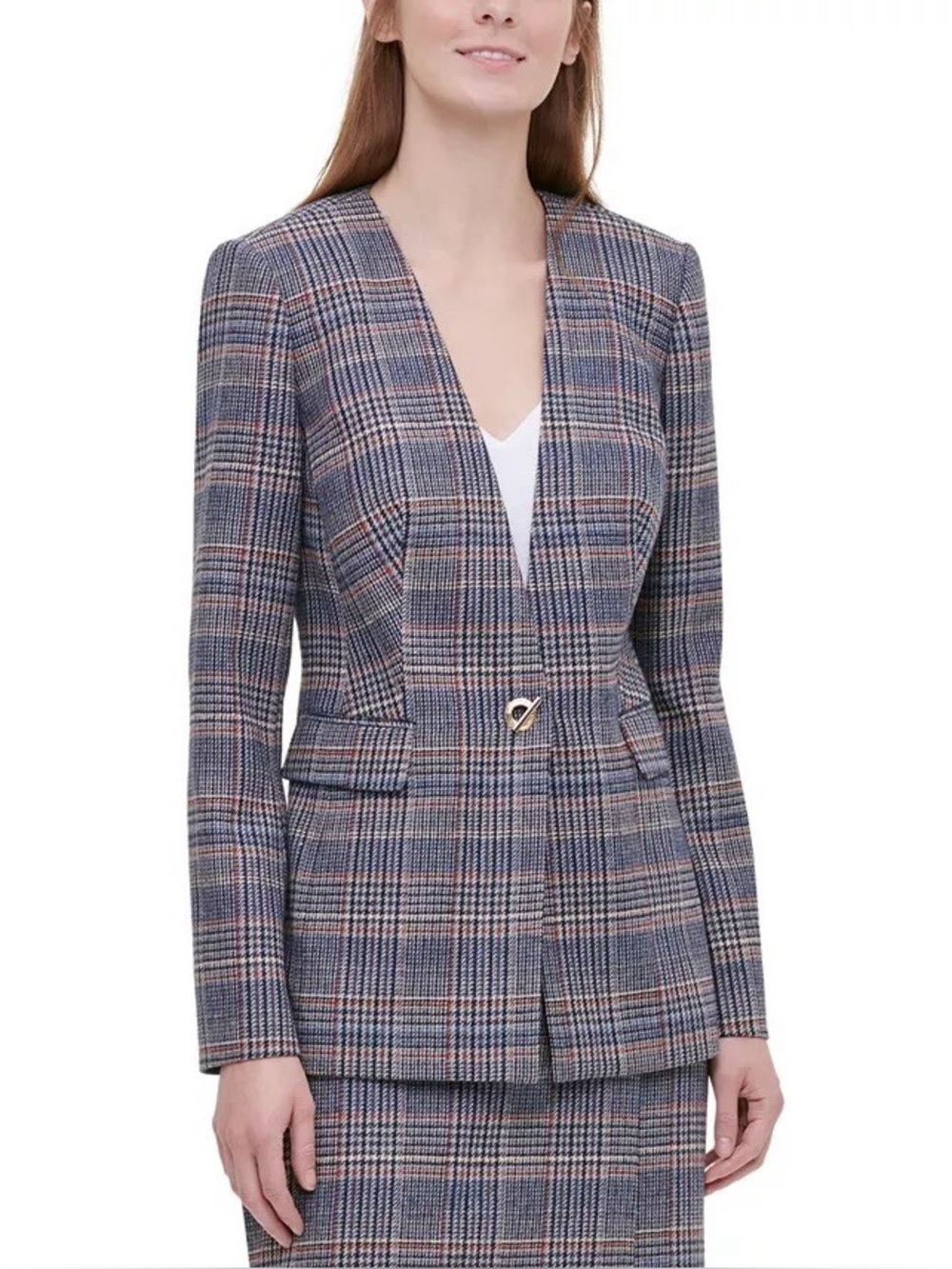 Calvin Klein Women’s 10 Plaid Collarless Toggle Blazer Jacket Black Tan